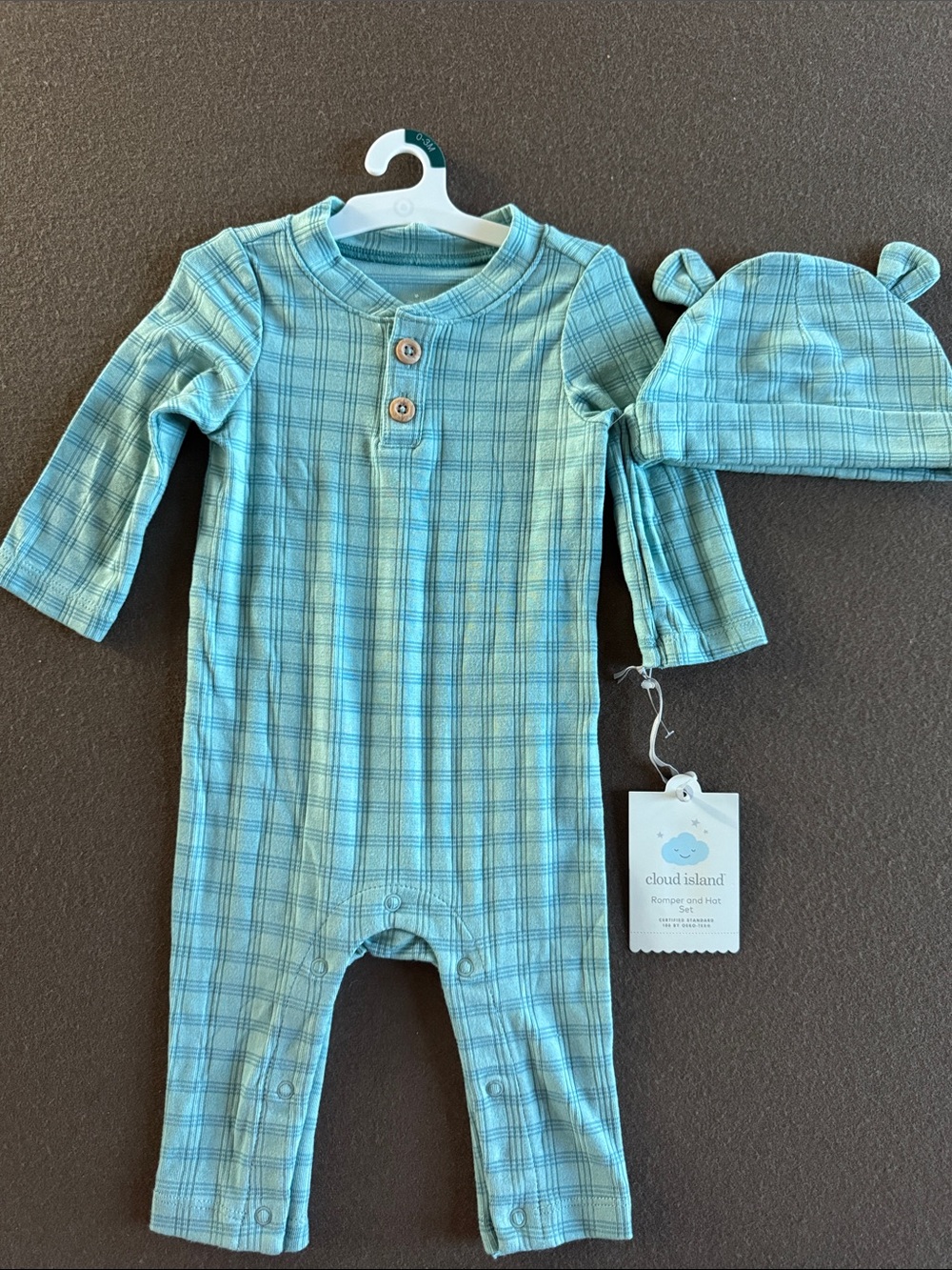 cloud island Teal Plaid Baby One-Piece with Bear-Ear Hat